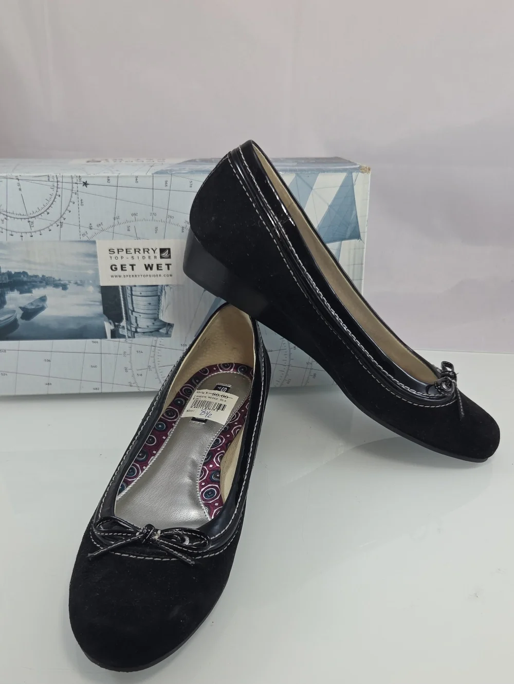 Sperry Camden Top-Sider Black Suede Wedge Ballet Flats Size 8.5